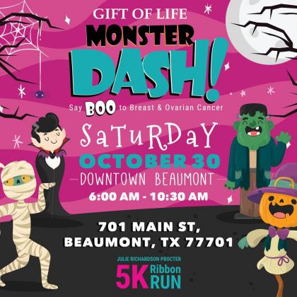 Flyer for Gift of Life Monster Dash, a 5k ribbon run that will be held on Saturday, October 30, 2021. 