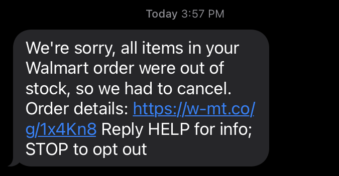 A notification from Walmart that the COVID test order was unable to be fulfilled 
