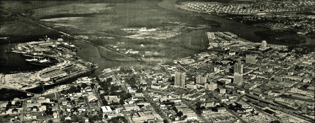 Aerial of a vibrant downtown Beaumont in the mid-1950s