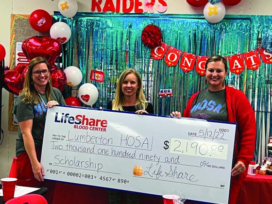 Lumberton HOSA received $2,190 in scholarship funding from LifeShare Blood Center 