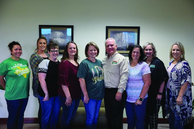 Area teachers learned about Lamar State College Orange’s Maritime and Health Care programs. L to R: Denee Hurst, Lacey Dougharty, and Elizabeth Lebeouf, LCM HS; Stephanie Brown, WOS HS; Kim Boutin, LCM HS; LSCO President Dr. Tom Johnson; Johnnie Harrell, LCM HS; LSCO Provost and EVP Dr. Wendy Elmore; and Dean of Health, Workforce, and Technical Studies Kristin Walker.