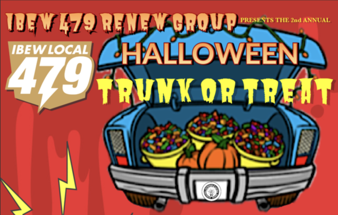 A flier detailing information about the Trunk or Treat events held by IBEW 479