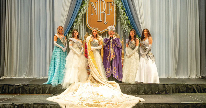 Grand Duchess Evei Shipley, Second Lady in Waiting Olivia Johnson, Queen Mary Joseph Broussard, King Steve McGrade, First Lady in Waiting Peyton Tyner and Third Lady in Waiting Mary Guillory (Neches River Festival LXXV Royal Court, April 2023)